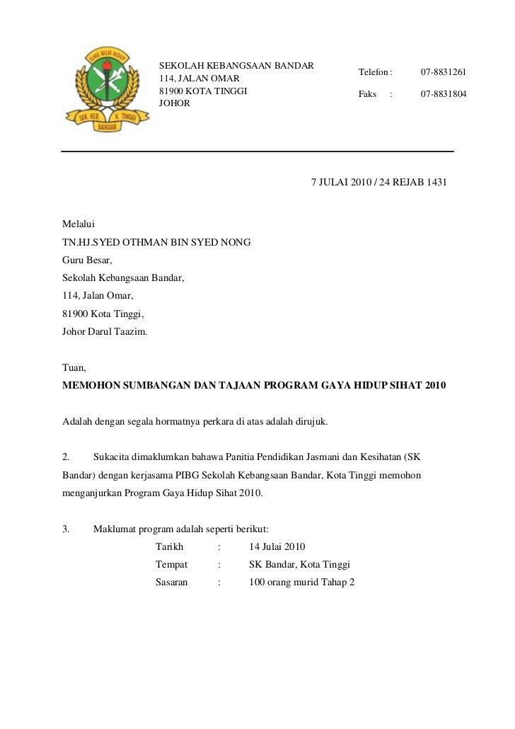 Contoh Surat Sumbangan Kepada Yb