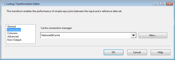 Configuring the Connection page of the Lookup Transformation editor