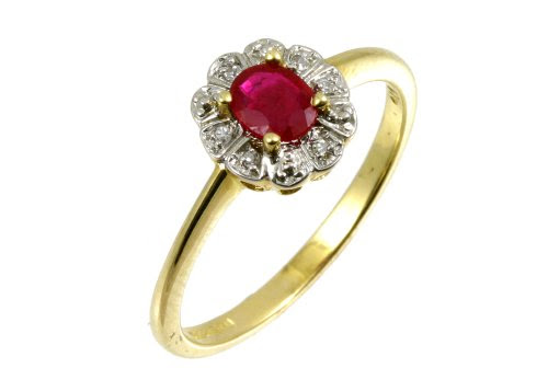 9ct Yellow Gold Diamond and Ruby Cluster Ladies' Ring Size U