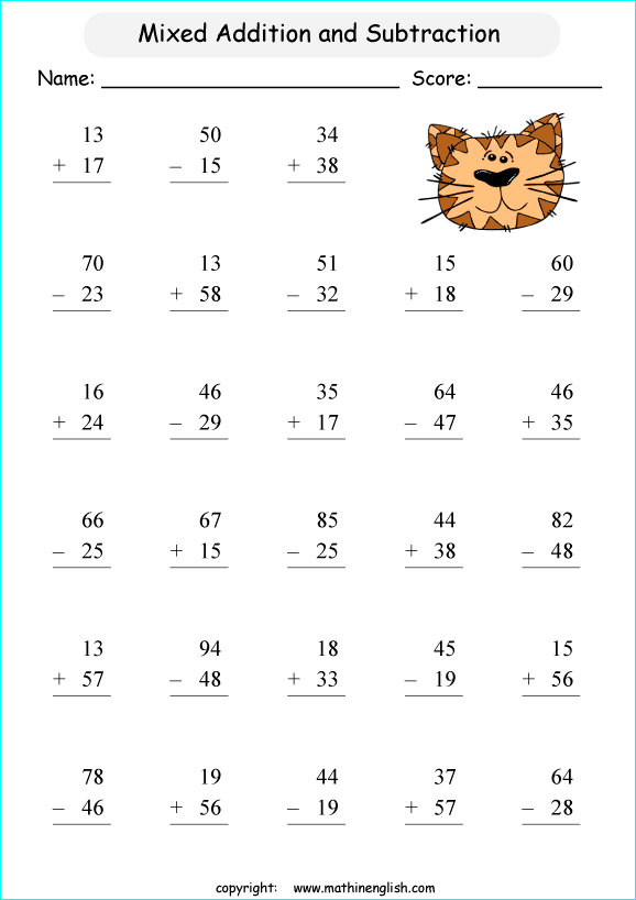 Calculate these mixed addition and subtraction facts within 100. Grade ...