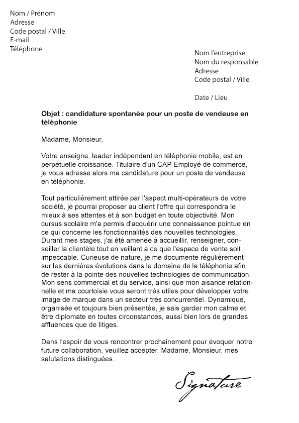 Lettre de motivation Vendeuse en téléphonie - Modèle de Lettre