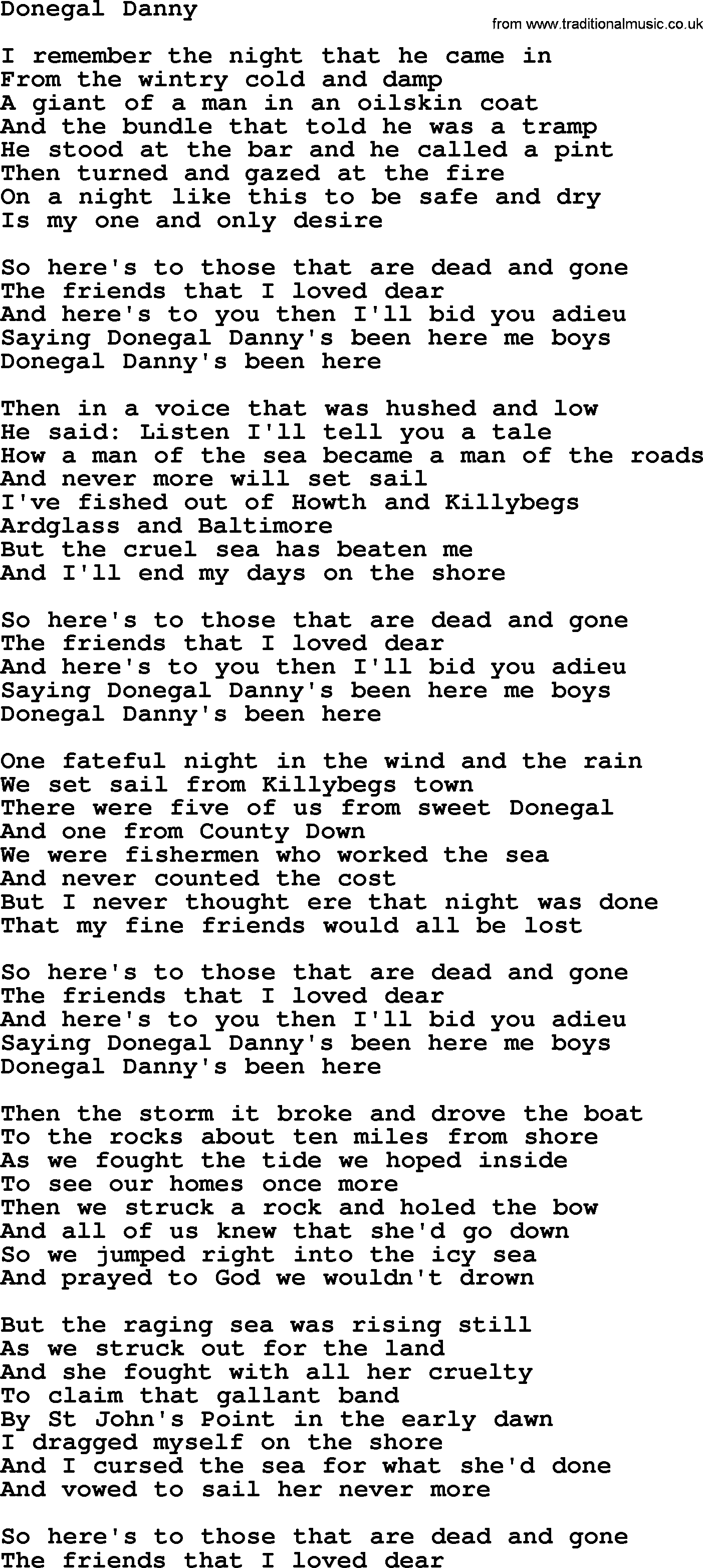 Donegal Danny By The Dubliners Song Lyrics And Chords