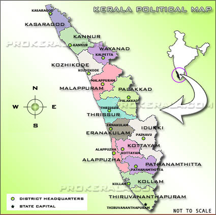 A Kerala Map detailing about the political features including Kerala 