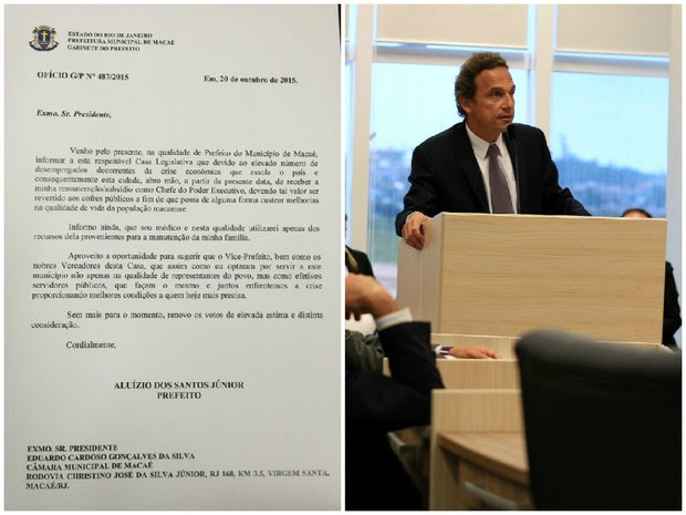 Prefeito de Macaé entregou ofício na sessão da Câmara dos Vereadores (Foto: Juliana Martarello/Inter TV e Tadeu Mouzer/Arquivo Pessoal)
