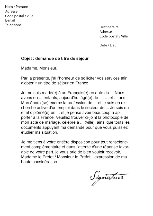 Lettre de demande de Titre de séjour - Modèle de Lettre