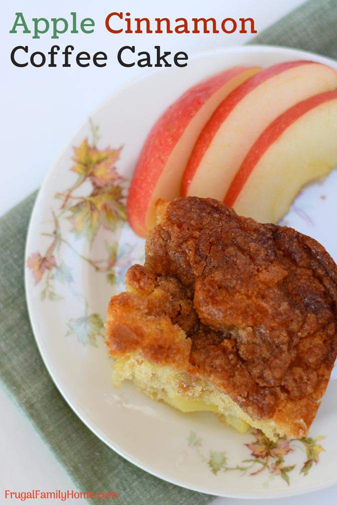 An easy breakfast recipe for Apple Cinnamon Coffee Cake. Enjoy those fall apples in this quick coffee cake topped with a crumble topping made with brown sugar. At only $.13 a serving, it’s a frugal breakfast too.