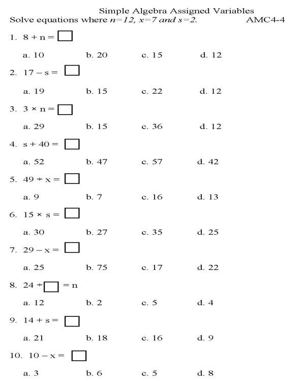 BlueBonkers - Algebra - Multiple Choice - P4 : free printable math ...