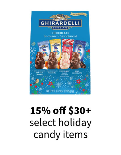 15% off $30+ select holiday candy items