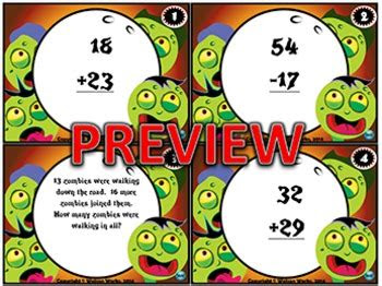  zombie math task cards 2 digit addition subtraction withwithout