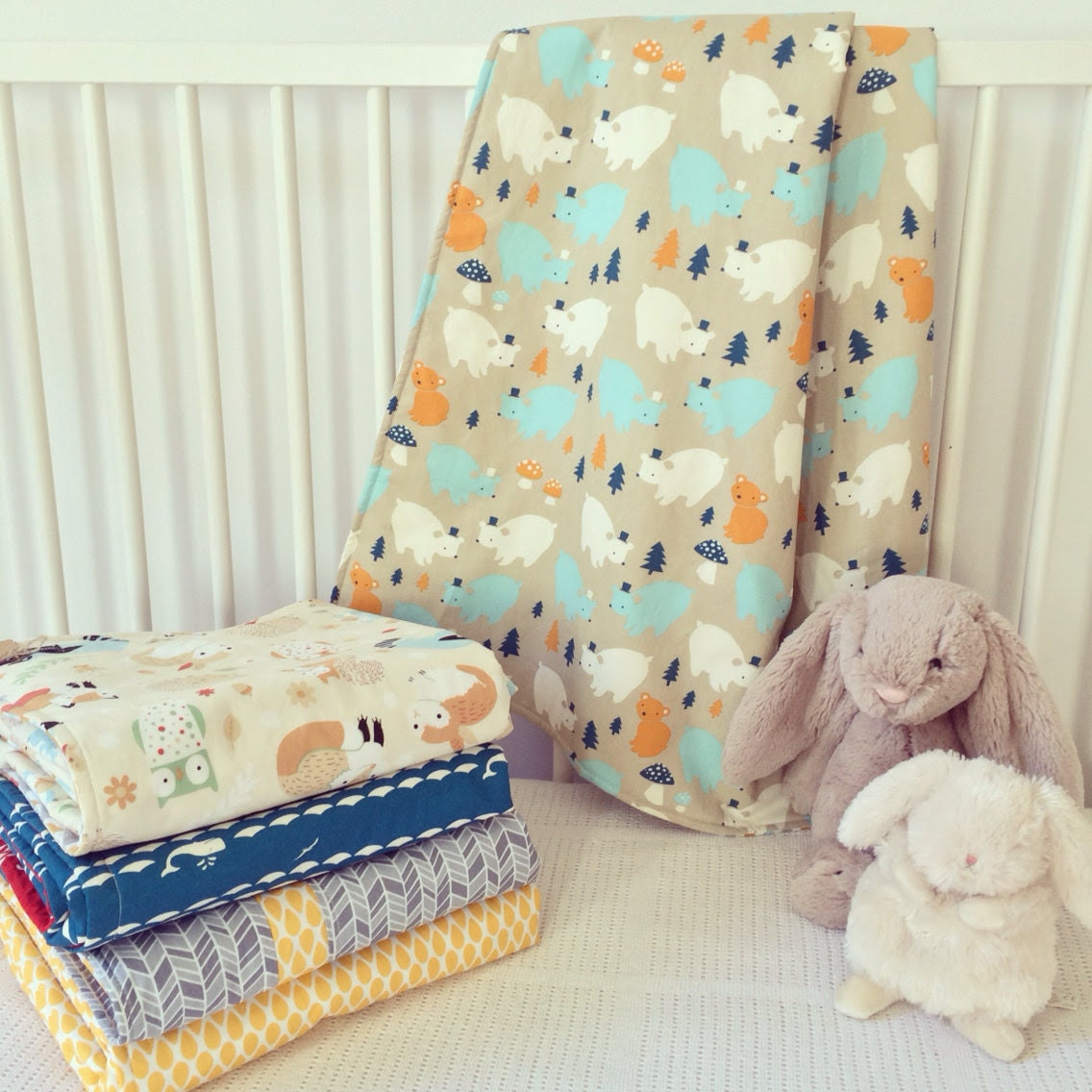Organic baby blanket. Bears just be chillin' in a gender neutral woodland forest. Organic cotton, bamboo. Baby blanket by Avie and Mabel