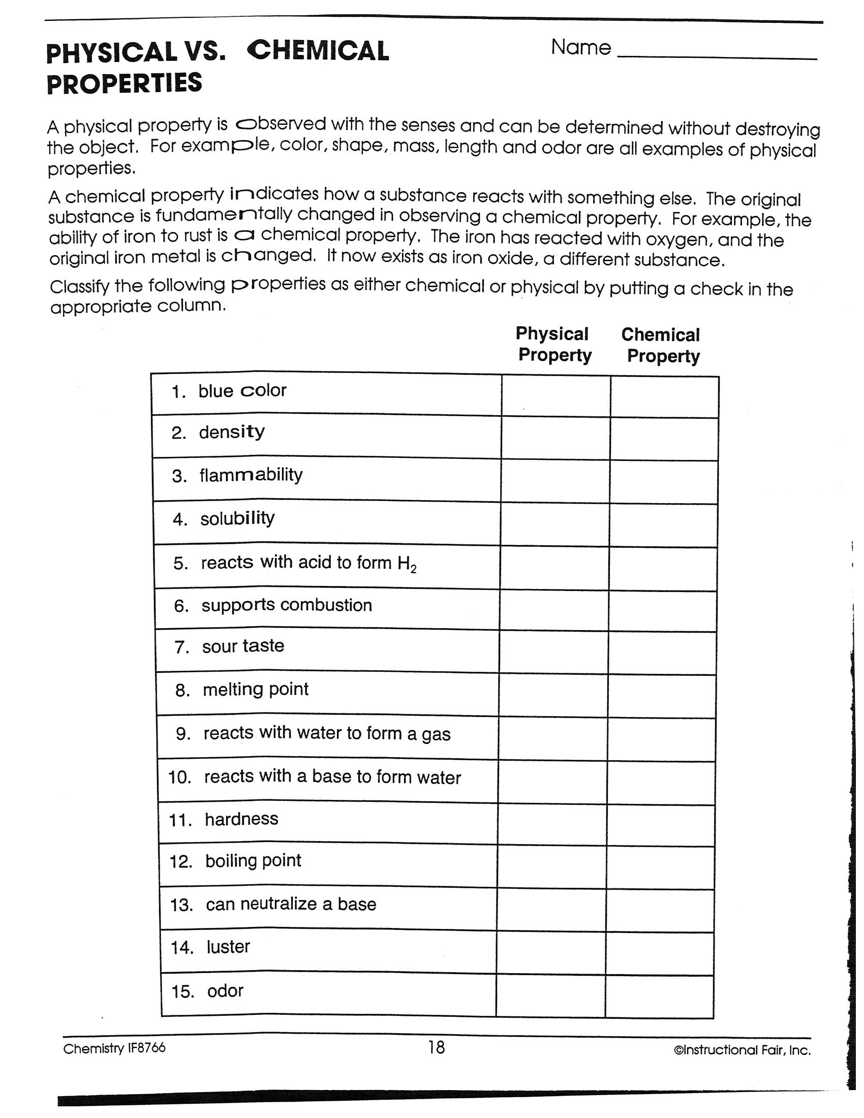 Physical and chemical properties and changes worksheet