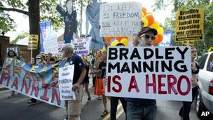 Zach Callahan, right, and supporters of US Army Pfc. Bradley Manning, march outside Fort Lesley J McNair, in Washington 26 July 2013