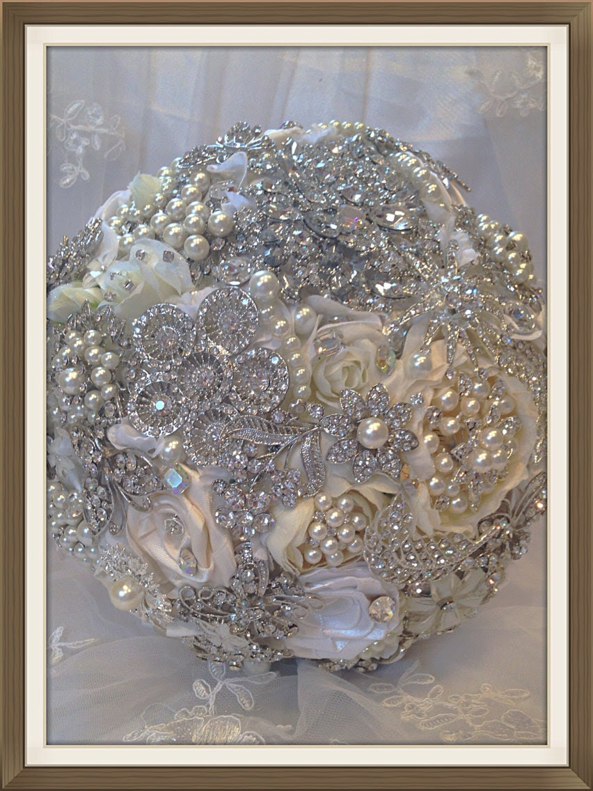 Wedding Brooch Bouquet. Deposit on made to order White Ivory Bridal Heirloom Pearl Crystal Bling Diamond Broach Bouquet