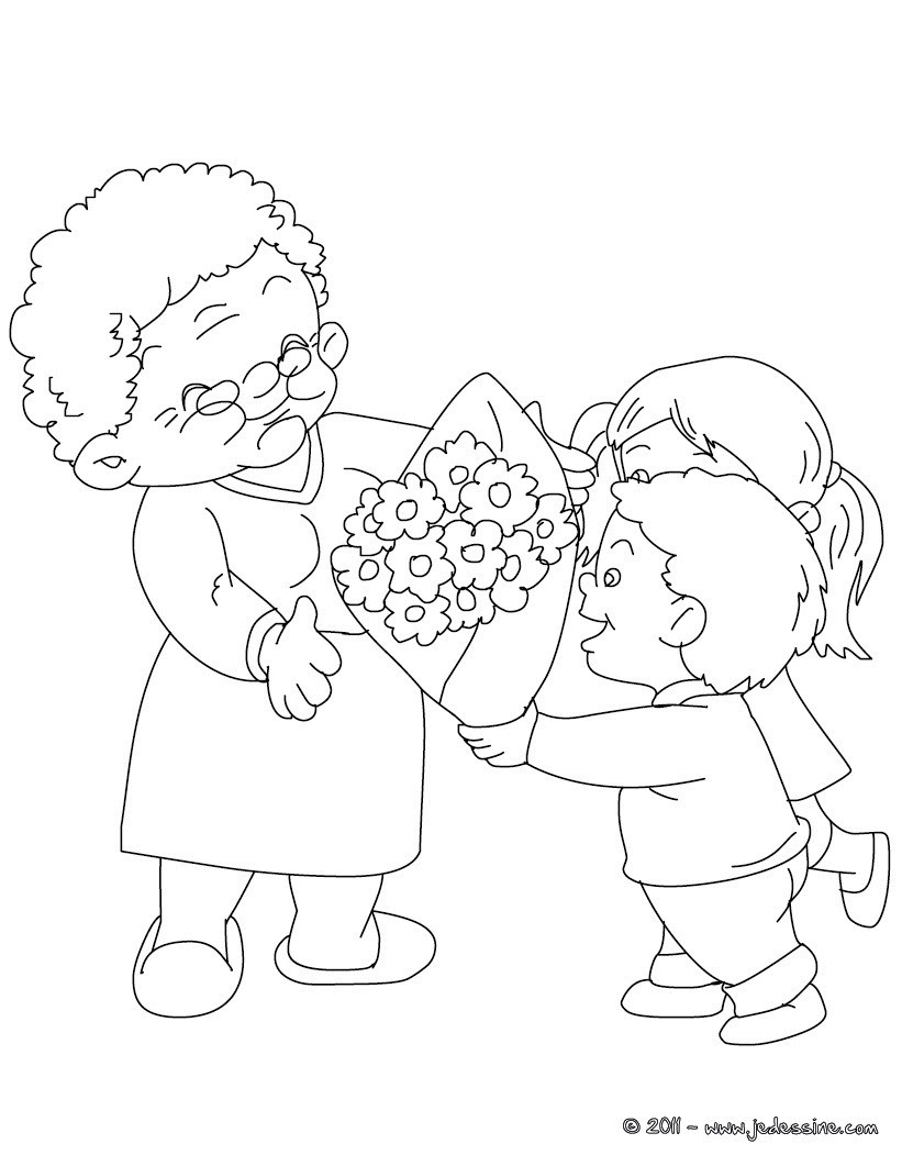 Coloriages grand m¨re au bouquet de fleurs   colorier fr hellokids
