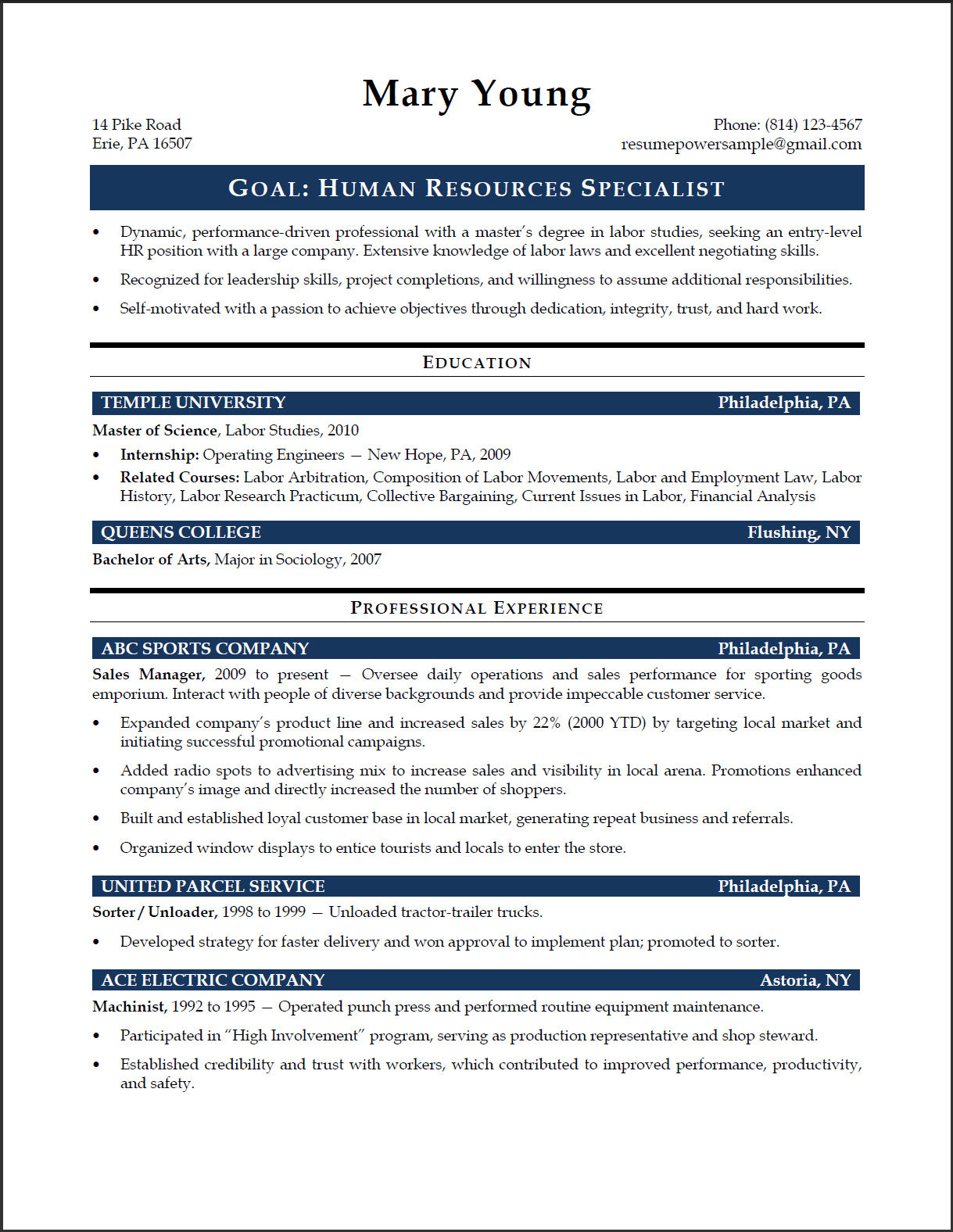 HR Specialist Sample Resume