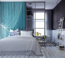 Charming in every way, this bedroom by Zinaida Baklanova hosts a wealth of expressive features from the well-worn whitewashed floors to the unexpected yellow door. And of course, it's impossible to ignore the many DIY decor ideas that use simple objects in creative ways, like the curtain of string lights in front of the blue accent wall or the cute pinecones on the ladder shelf.
