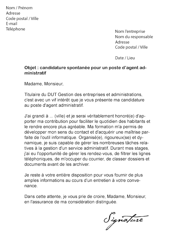 Lettre de motivation Mairie (Agent administratif) - Modèle 