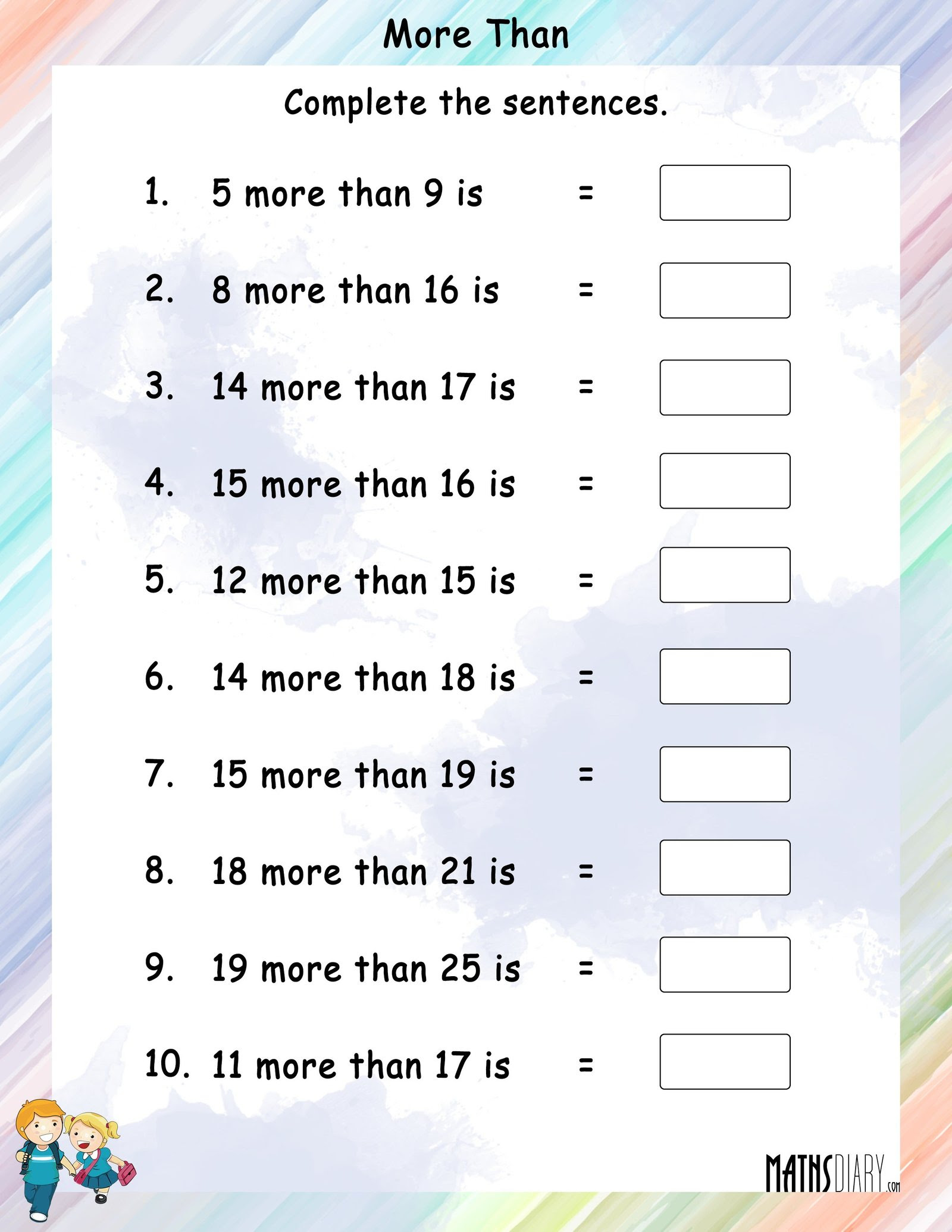 a number more than other number math worksheets