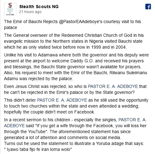 How Emir of Bauchi Allegedly Rejected Pastor Adeboye's Visit to His Palace