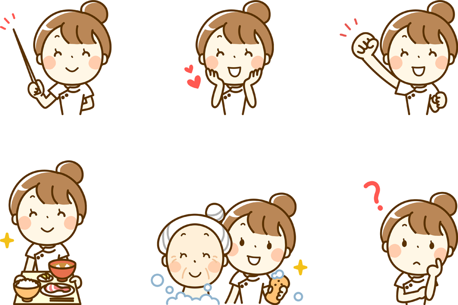 フリーイラスト 入浴介助するなどの6種類の介護福祉士の女性でアハ体験 Gahag 著作権フリー写真 イラスト素材集