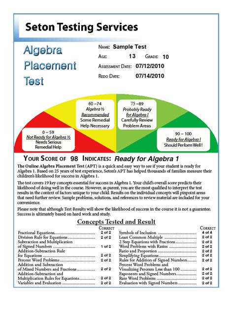 Algebra Placement Test - Seton Testing Services
