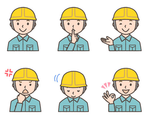 ヘルメットをかぶった工事現場作業員の表情イラスト6種 可愛い無料イラスト 人物素材 フリーラ