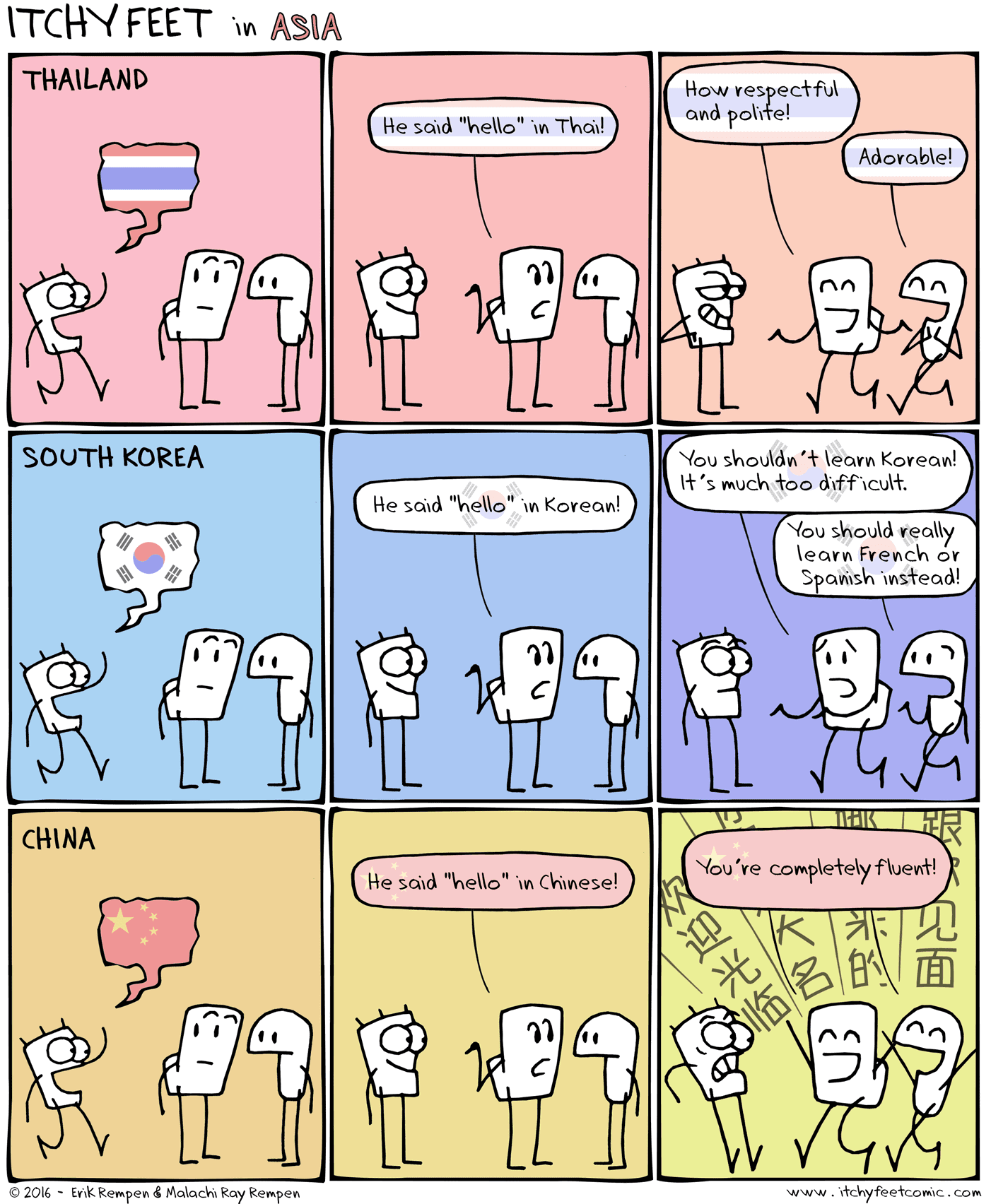 If you speak Thai language to Thai people, they think it's adorable and polite. If you speak Korean to Koreans, they think Korean is useless and you should learn a more useful language. If you speak a little Chinese Mandarin to Chinese people, they think you're completely fluent.