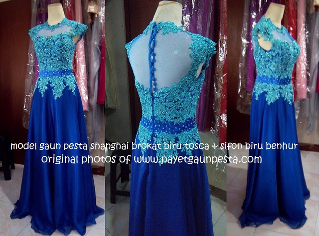 Gaun pesta shanghai brokat biru tosca dan sifon biru 