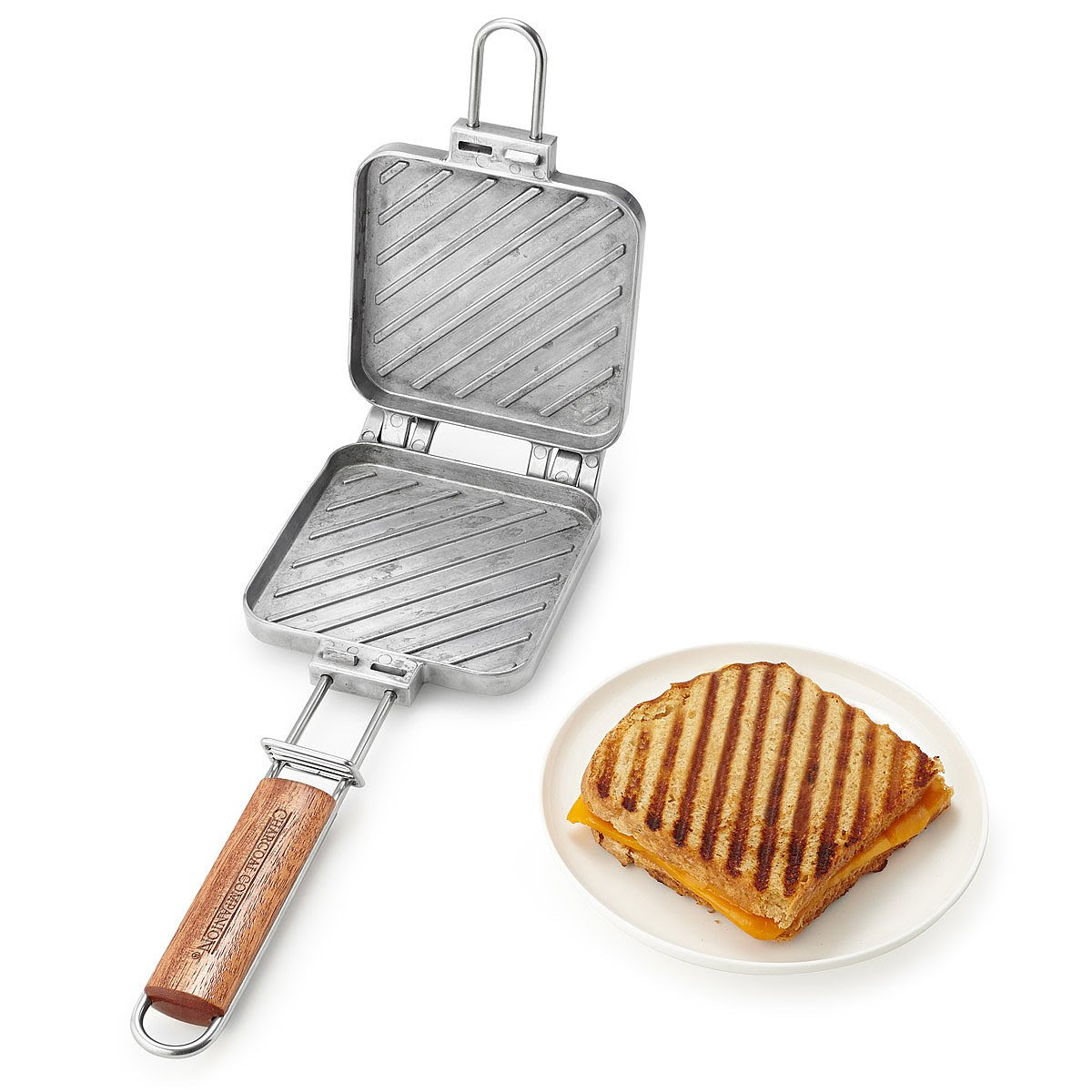 grilled cheese maker over fire