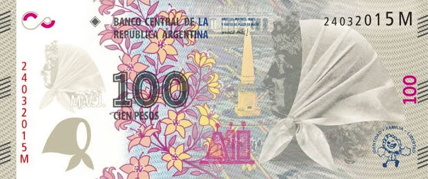 Cédula de 100 pesos argentinos ganhou versão em homenagem às Mães e Avós da Plaza de Mayo (Foto: Divulgação/Casa de Moneda)