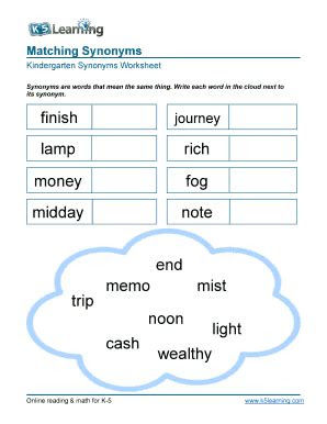  synonyms match words printable kindergarten worksheet kindergarten