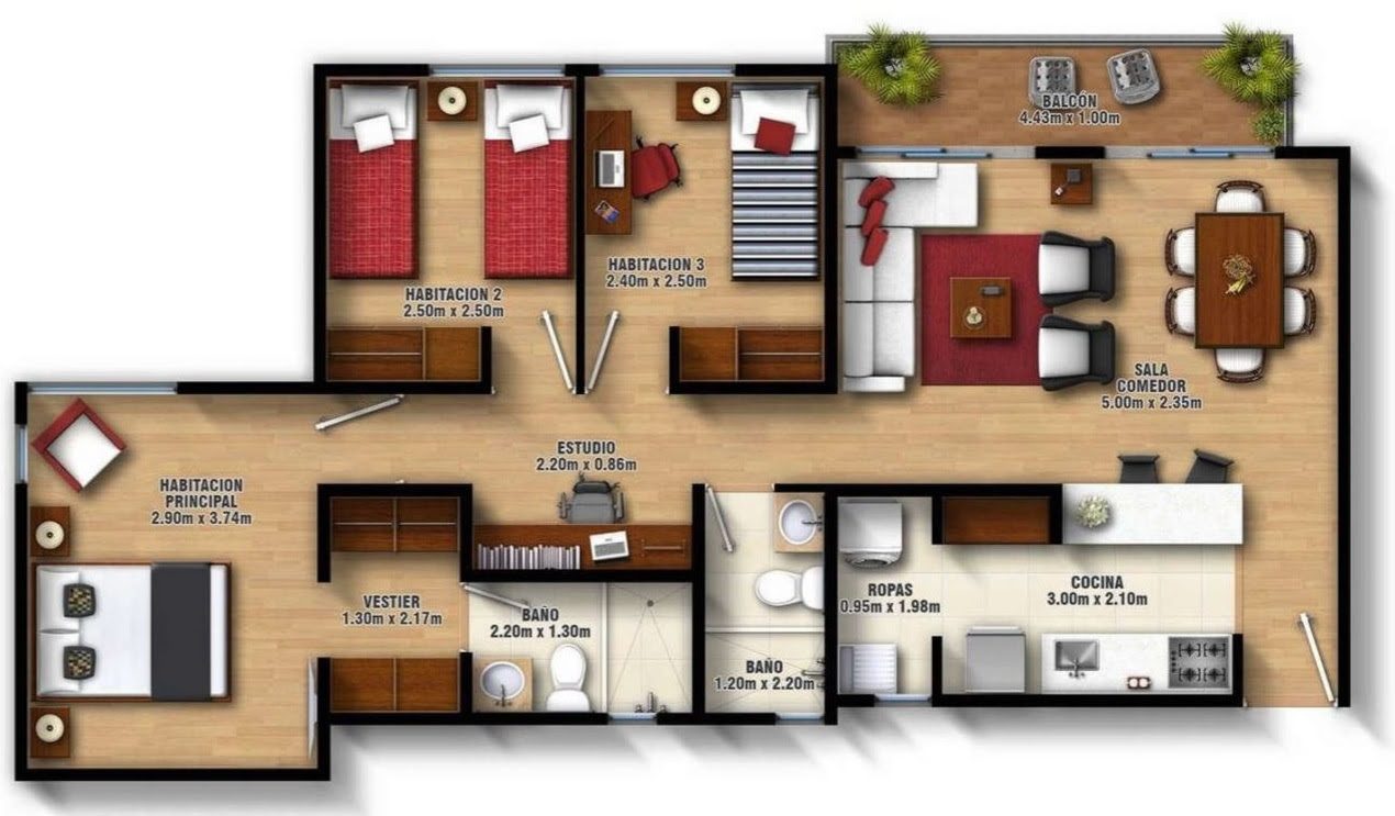 Diseño de casa de 3 habitaciones y 2 baños