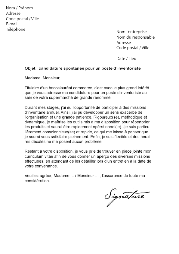Lettre de motivation Inventoriste - Modèle de Lettre