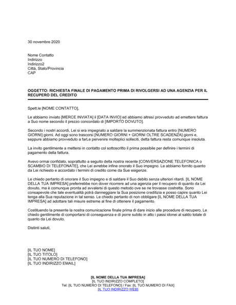 Lettera di riscossione credito prima di rivolgersi all'agenzia per il ...