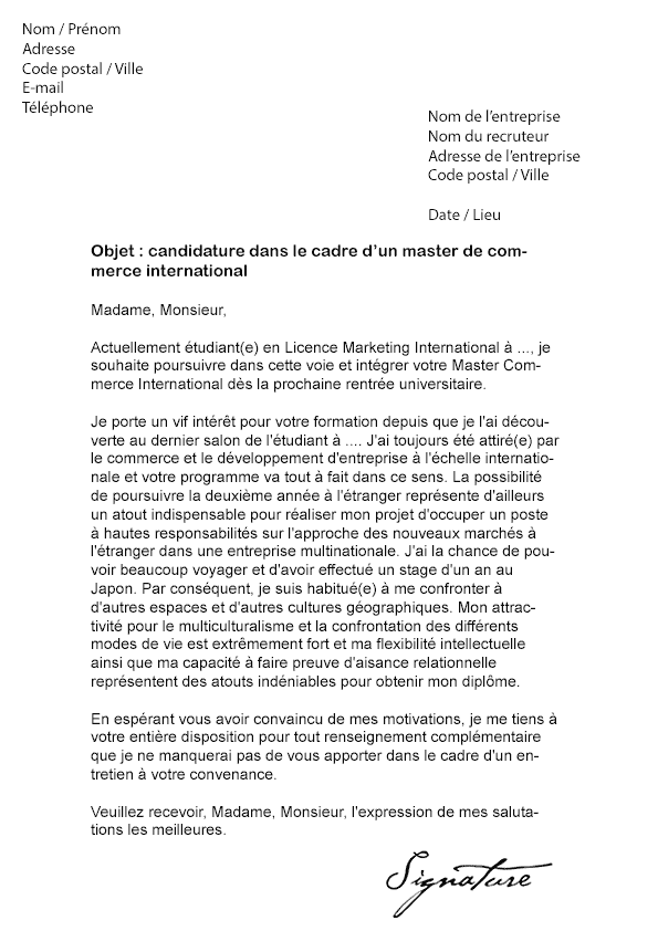 Lettre de motivation Master Commerce International 