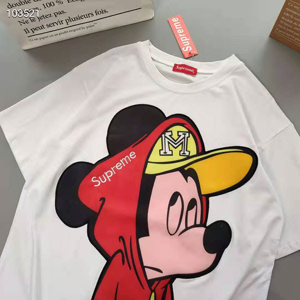 Supreme ミッキー コラボ Tシャツ 大人気 夏ｔシャツ 男女兼用 ブランド シュプリーム ペアルック クルーネック半袖tシャツ