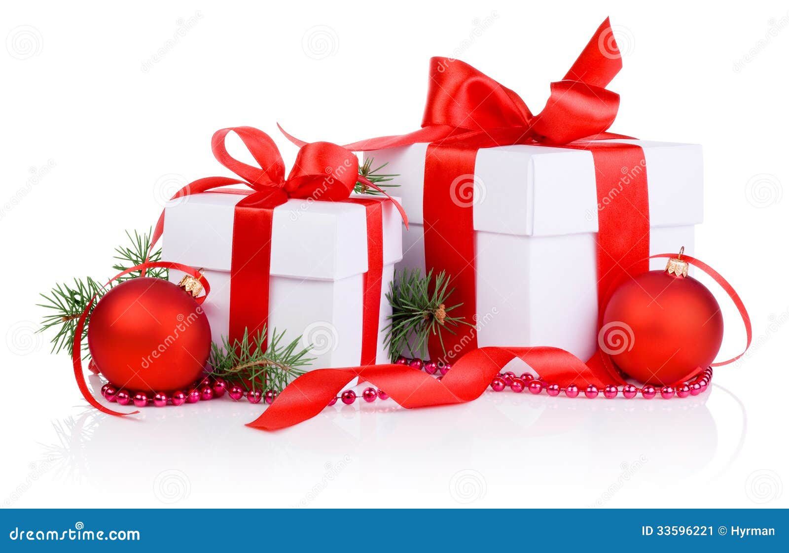 Two Christmas Gift With Red Ball Tree Branch Ribbon Bow 