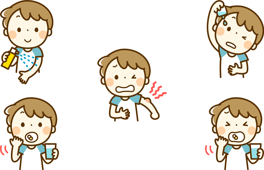 フリーイラスト 薬を飲むなどの5種類の男の子のセットでアハ体験
