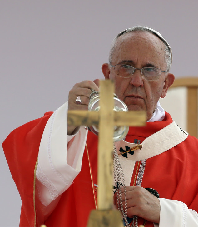 Pope Francis celebrates a mass and the beatification Paul Yun ji-Chung and 123 martyr companions at Gwanghwamun Gate in Seoul, South Korea, Saturday, Aug. 16...