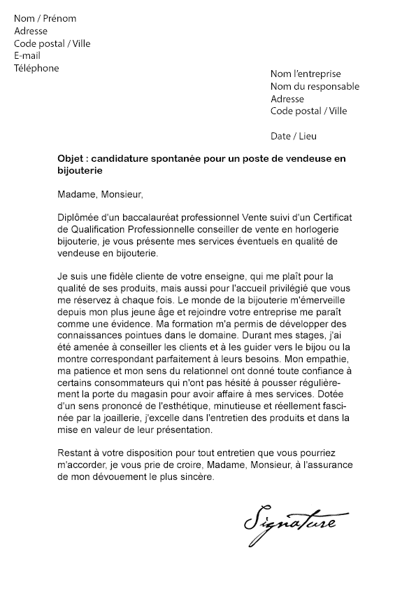 Lettre de motivation Vendeuse en bijouterie - Modèle de Lettre