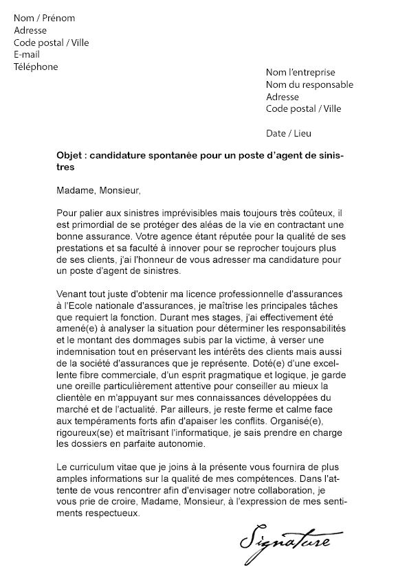 Lettre de motivation Agent de sinistres - Modèle de Lettre