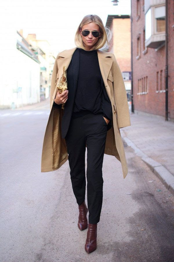 Le Fashion Blog Camel Coat Work Style All Black Look Pants Suit Burgundy Boots Fall Winter Via The Fashion Eaters