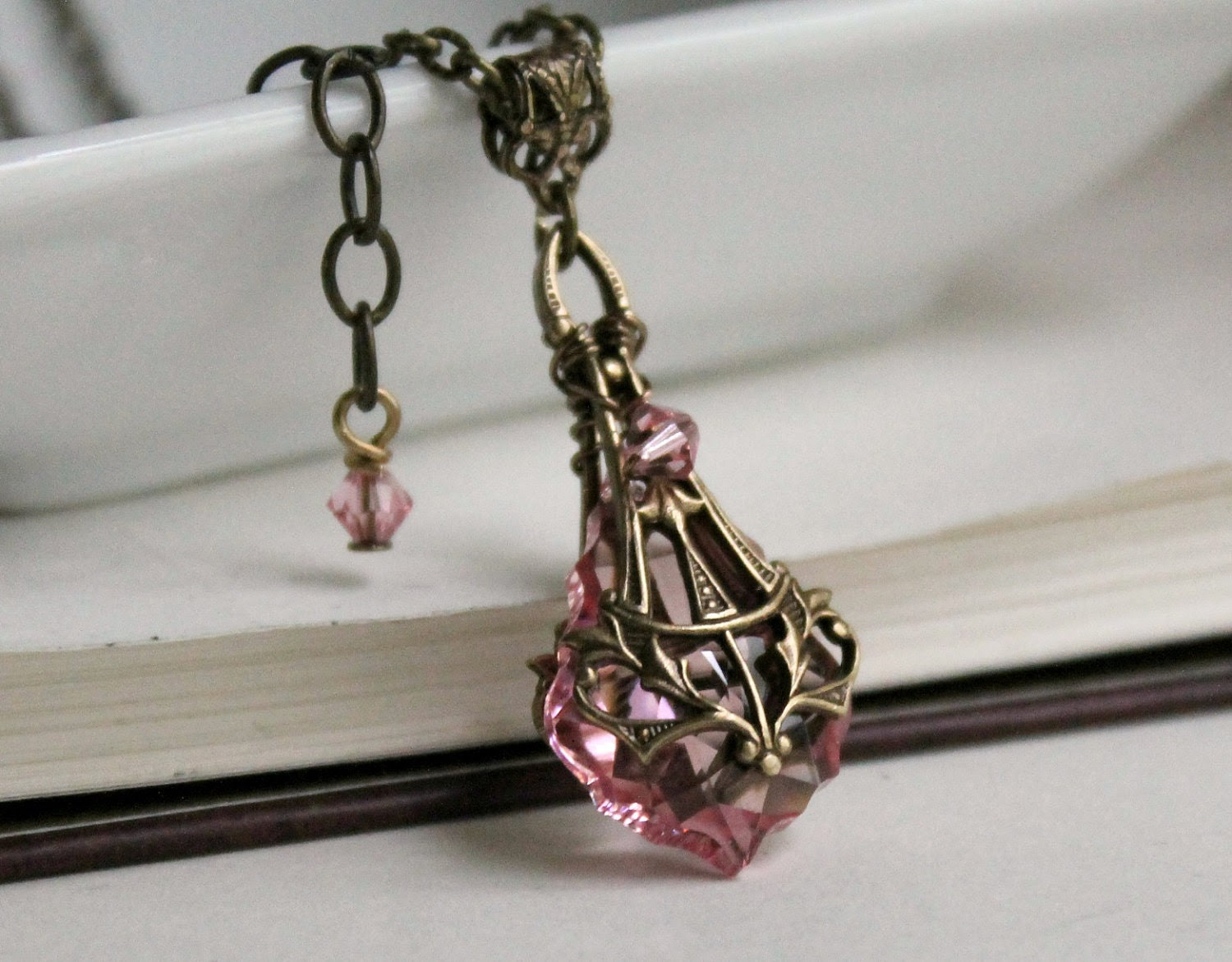 Mariah Aged Brass and Swarovski Necklace - Rose - Pink - Ballet Pink - Nouveau - Victorian - Summer - Wedding - Bridal