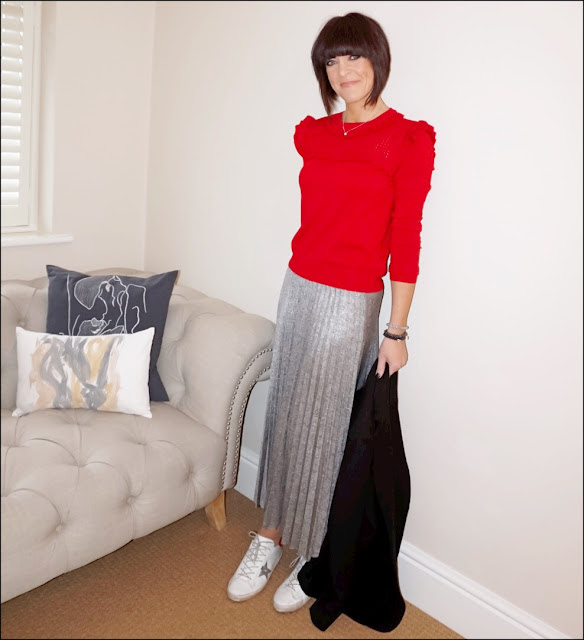 My Midlife Fashion, Marks and Spencer ruffle jumper, warehouse plisse metallic pleated skirt, zara oversized wool blazer, golden goose distressed leather superstar trainers