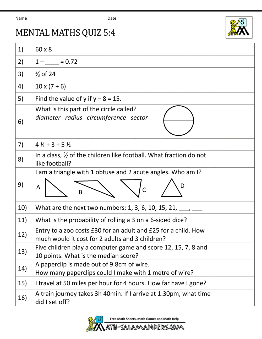 mental maths practise year 5 worksheets