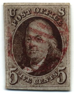 1847 United States postage stamp of Benjamin Franklin denominated 5 cents
