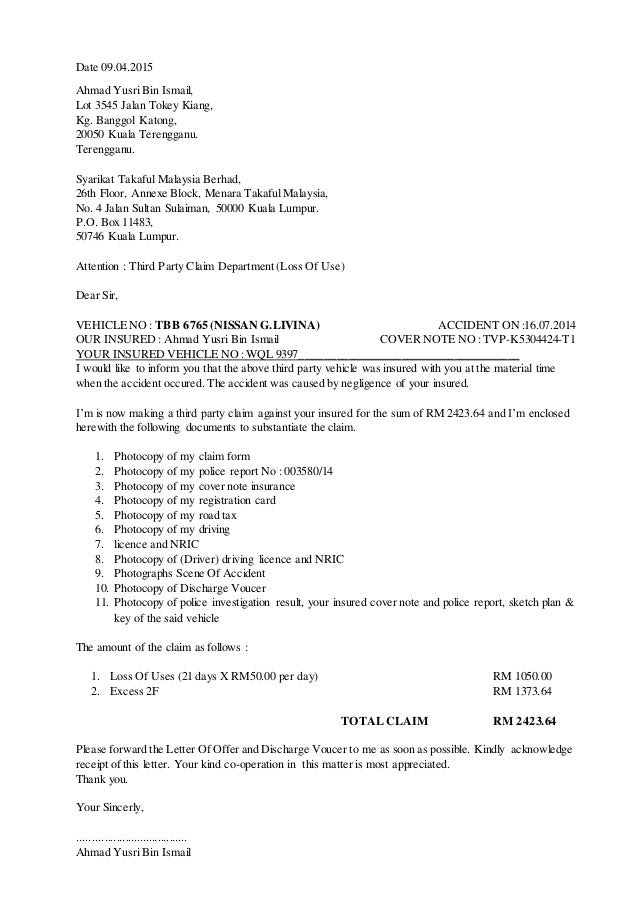 Surat Tuntutan Claim Kenderaan Insurans