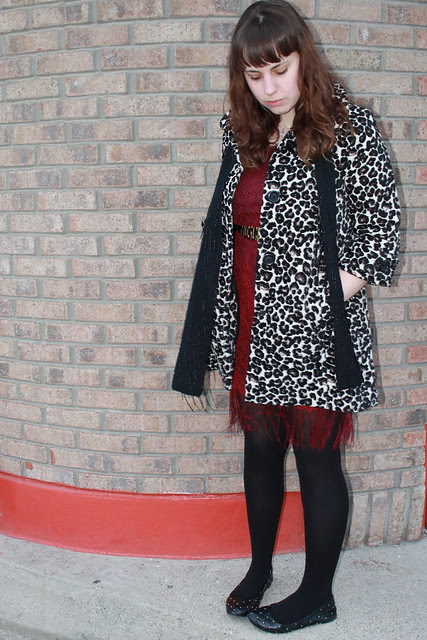 Anniversary outfit: vintage fringe dress, vintage Moschino belt, vintage beaded scarf, leopard brocade coat