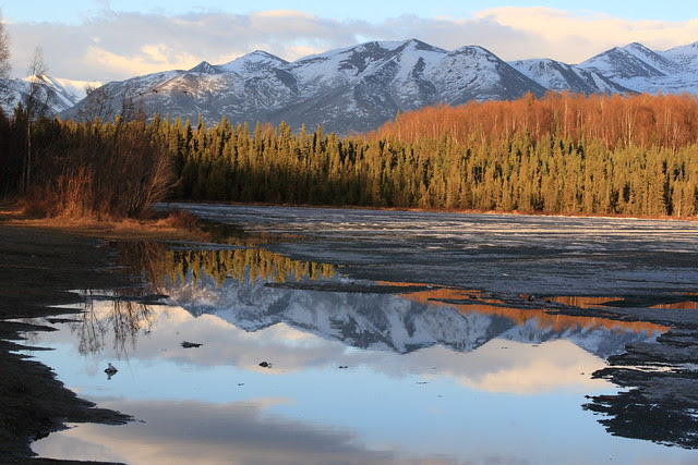 Chugach Mountains reflected on Goose Lake in Anchorage