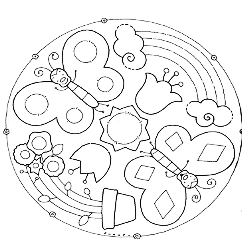 Il primo disegno ¨ posto da una serie di farfalle vasi di fiori e arcobaleni